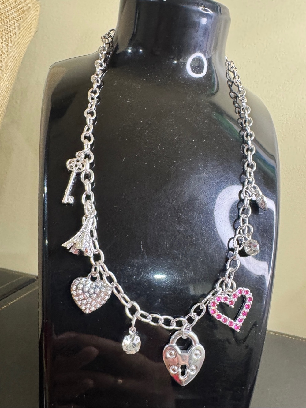 Silver Heart Charm Lock Necklace with Pink Crystal Accents